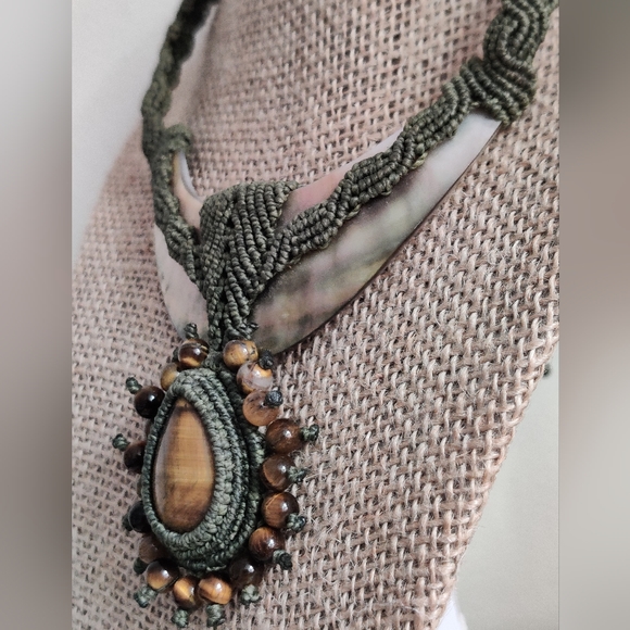 OOAK Artisan Macrame Necklace with Genuine Mother of Pearl and Tiger Eye Stones - Picture 13 of 13
